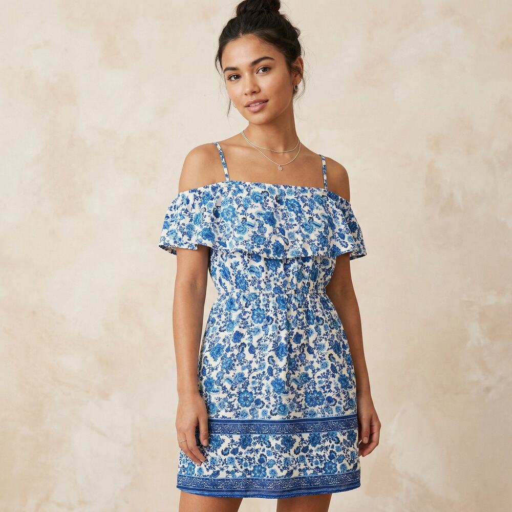 H&M Divided Women's Blue Floral Off Shoulder Ruffle Boho Mini Dress Size 2